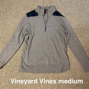 Vineyard Vines Gray Quarter-Zip Pullover with Green & Navy Tartan Shoulders